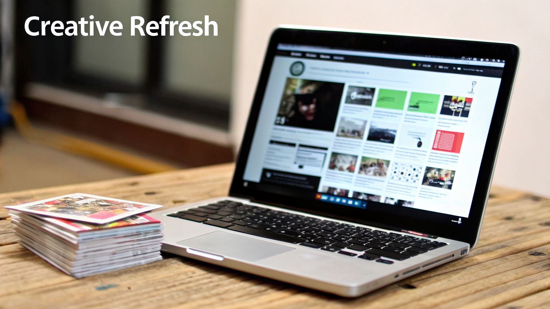 A laptop displaying creative content on a wooden desk next to a stack of prints. The text 'Creative Refresh' is visible.
