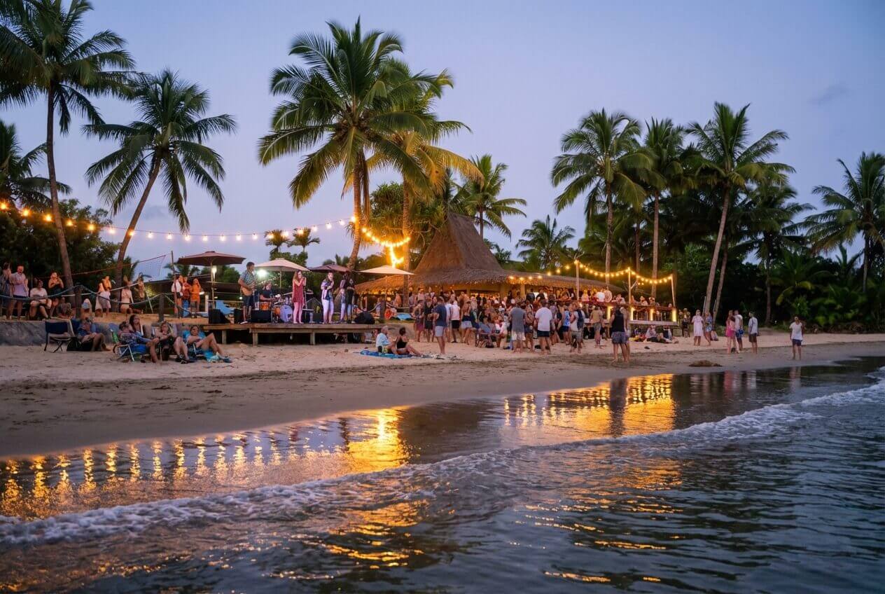 Uprising Beach Resort's vibrant beachfront bar with live music, string lights, and guests enjoying the sunset.
