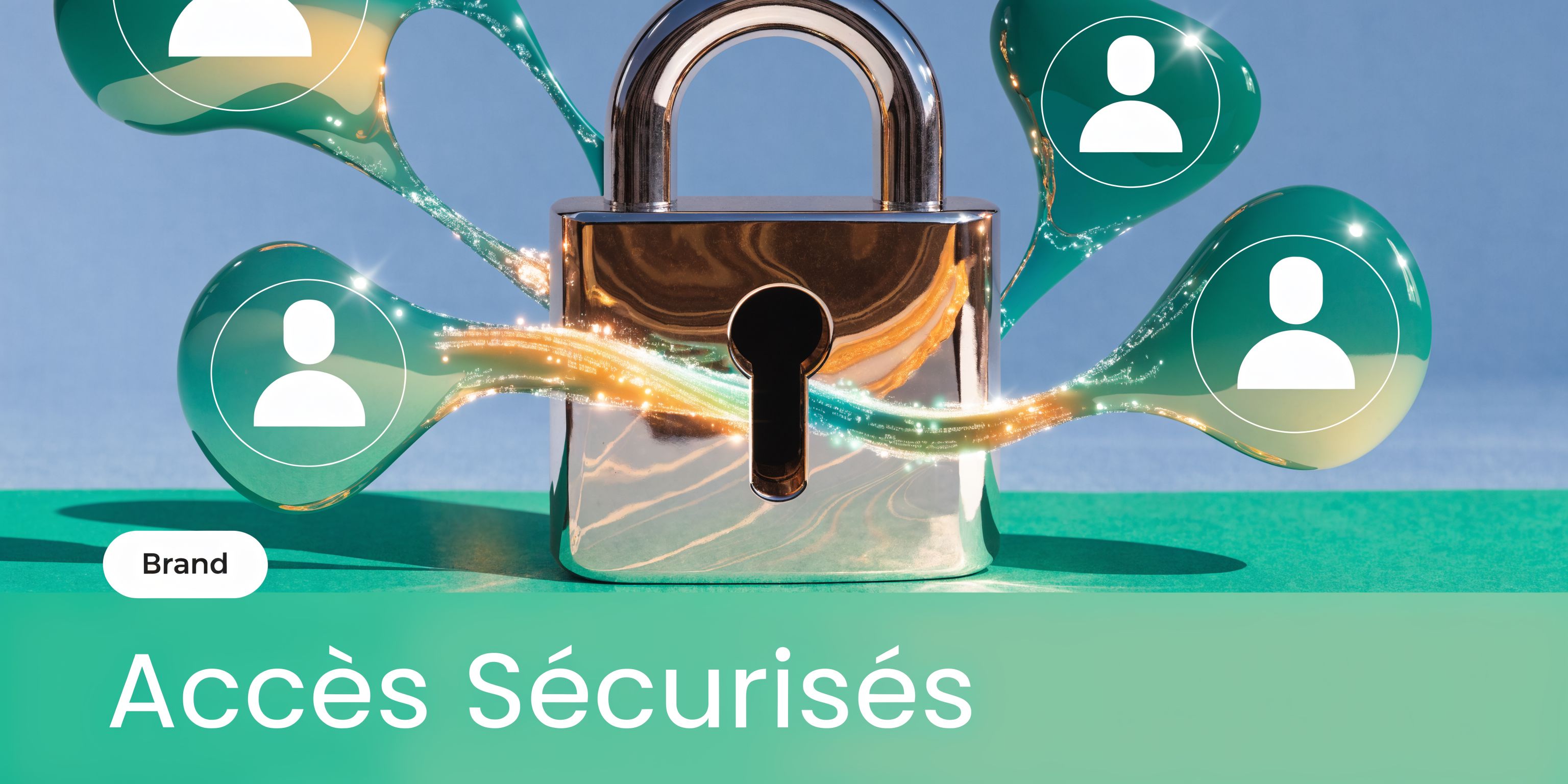 Un cadenas brillant relié à des icônes d'utilisateurs par des flux de données numériques sur fond bleu.
