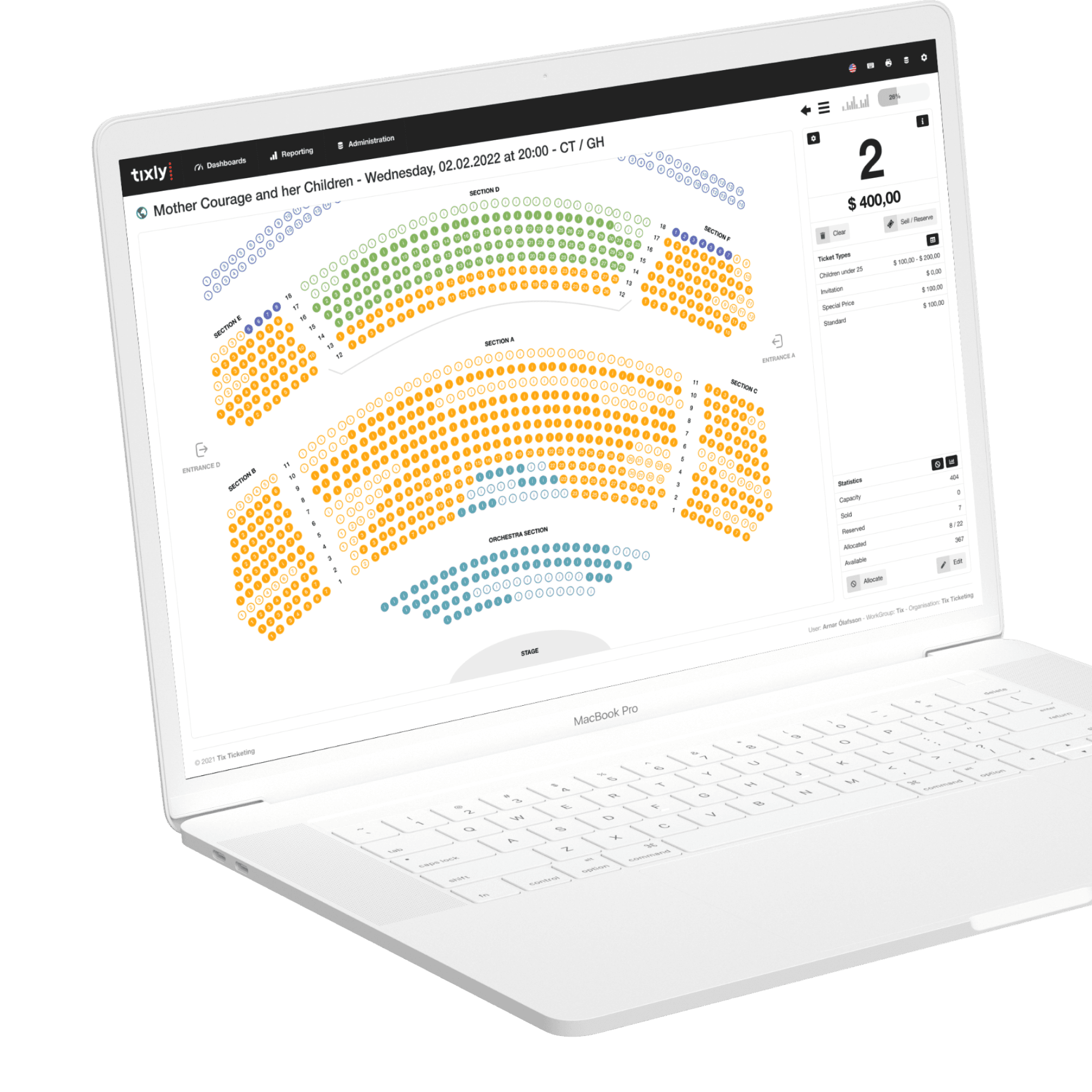 Box office UI showing hall overview