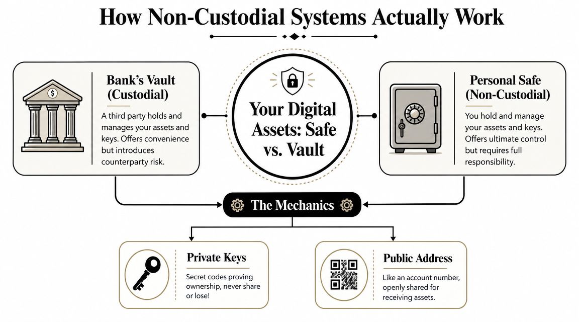 An educational infographic explaining the difference between custodial bank vaults and non-custodial personal asset management systems.