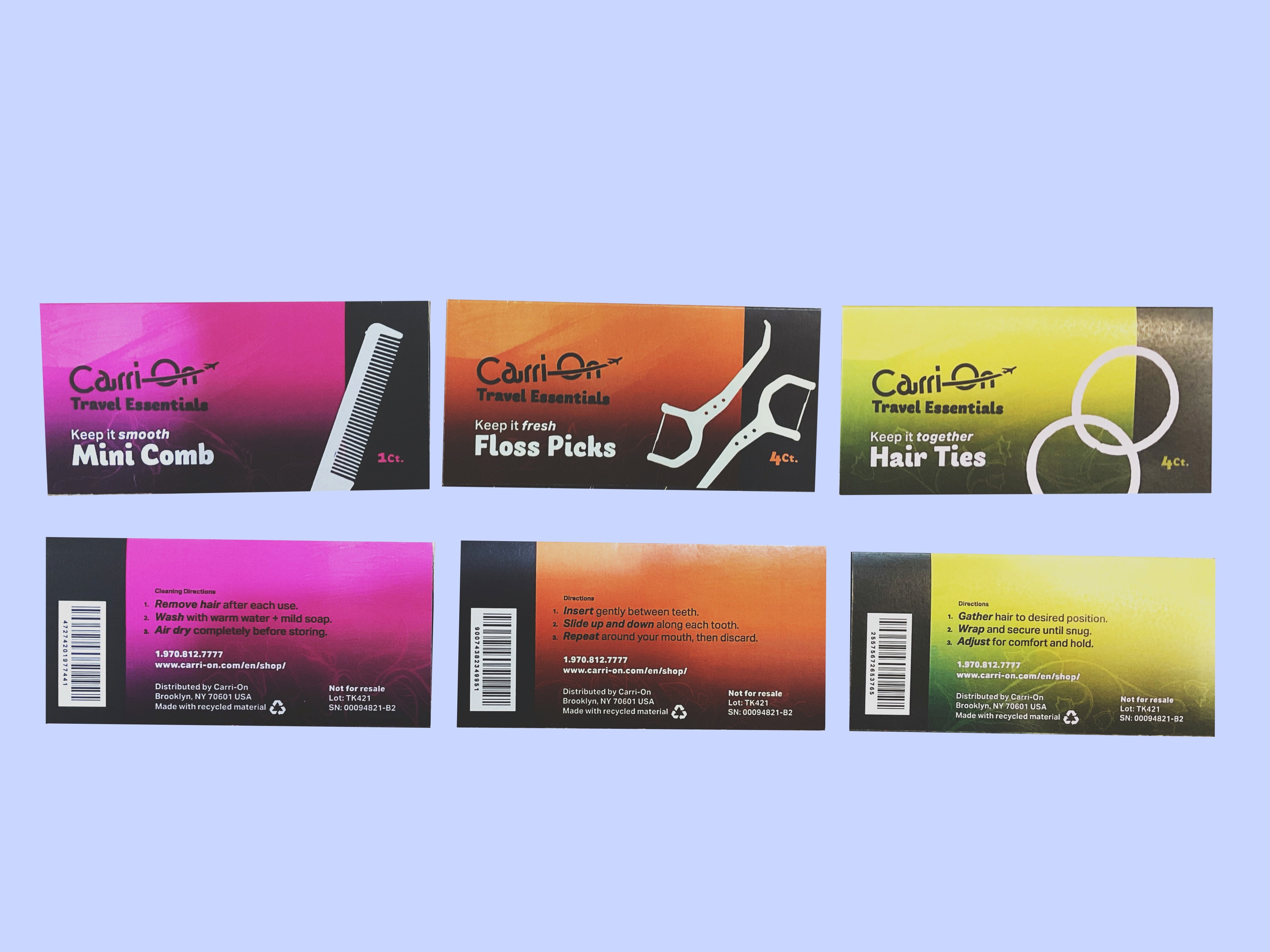 Spread of both front and both reverse side labels, separate from their respective bottles.