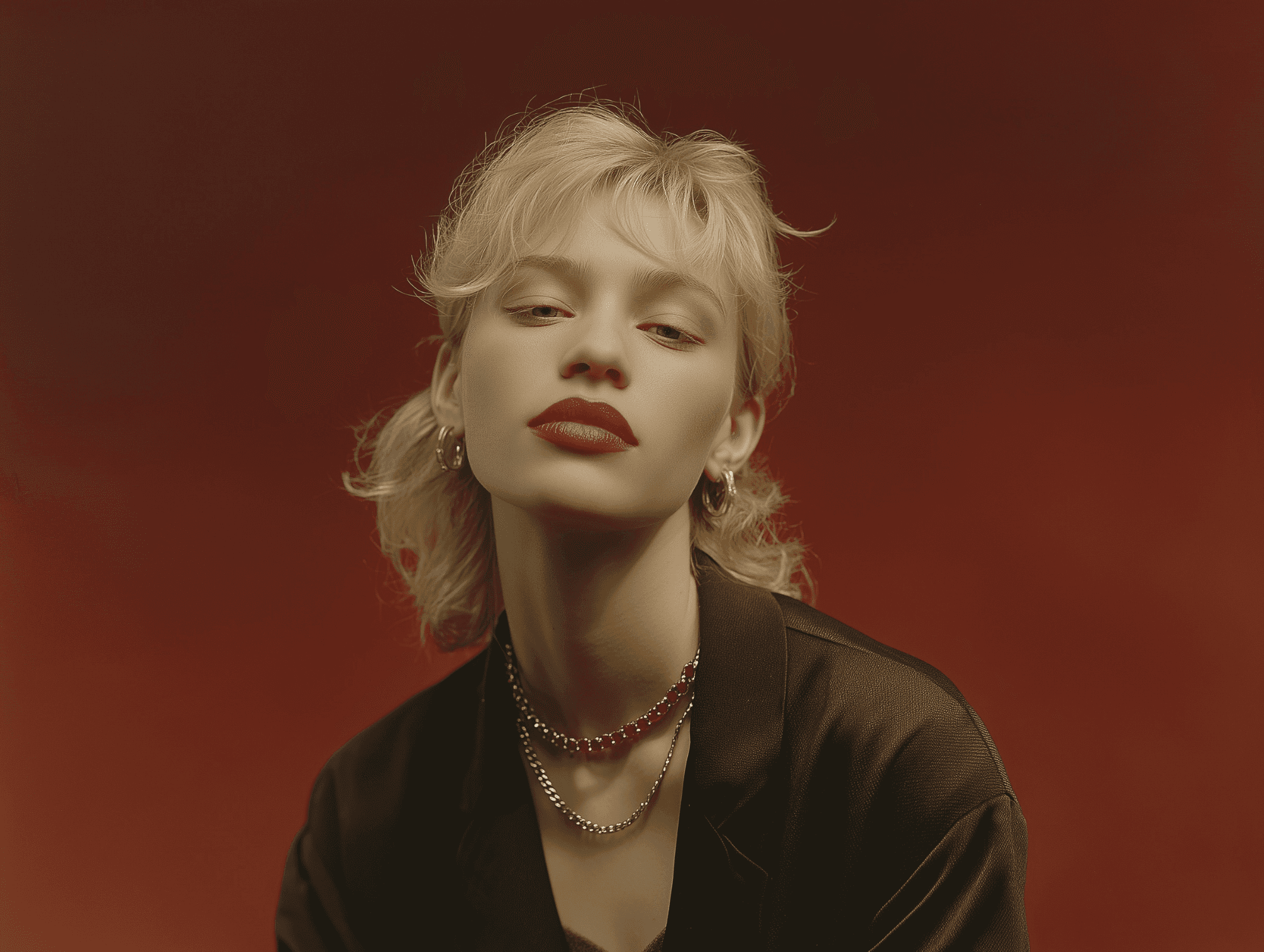 Woman wearing layered crimson and gold necklaces, posing against a deep red background