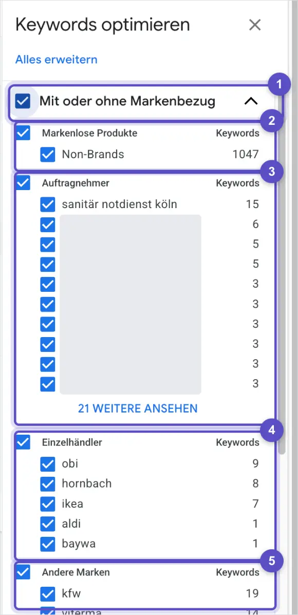 Seitenleiste Keywords optimieren im Keyword-Planer mit aufgeklappter Gruppe Mit oder ohne Markenbezug und den Untergruppen Markenlose Produkte, Auftragnehmer, Einzelhändler und Andere Marken, Namen örtlicher Betriebe abgedeckt.