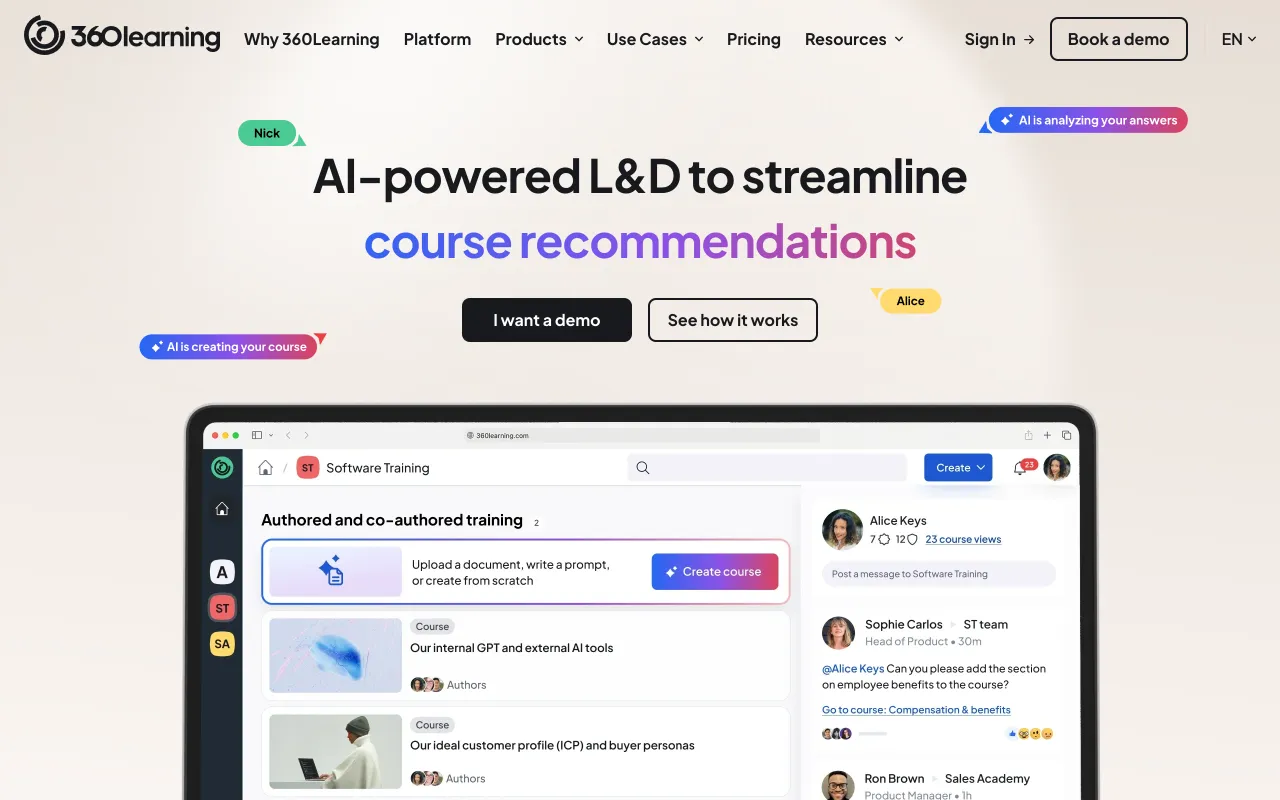 360Learning homepage, AI-powered collaborative learning platform