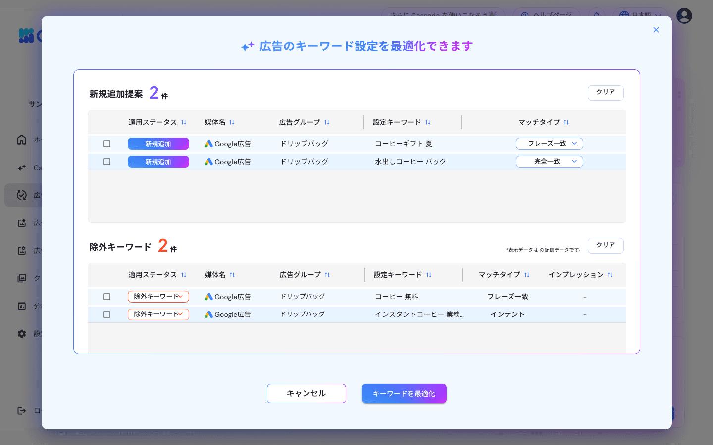 キーワード最適化の提案画面