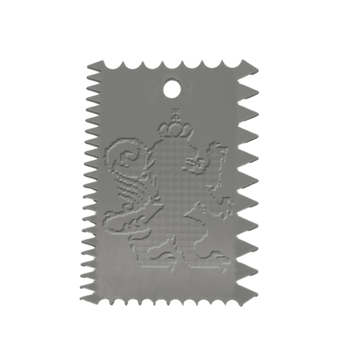 A gray, stylized texture tool with a scalloped edge, featuring an lion design in the center.