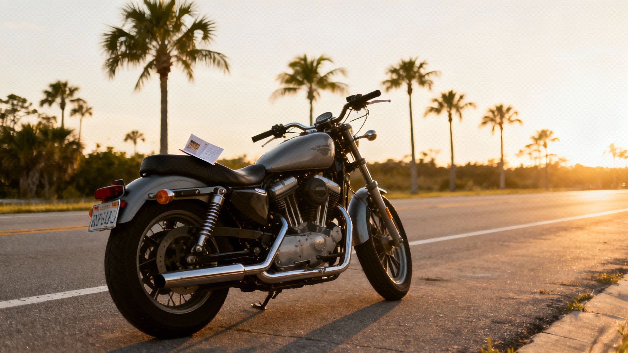 Motorcycle parked on Florida highway with palm trees at sunset backdrop