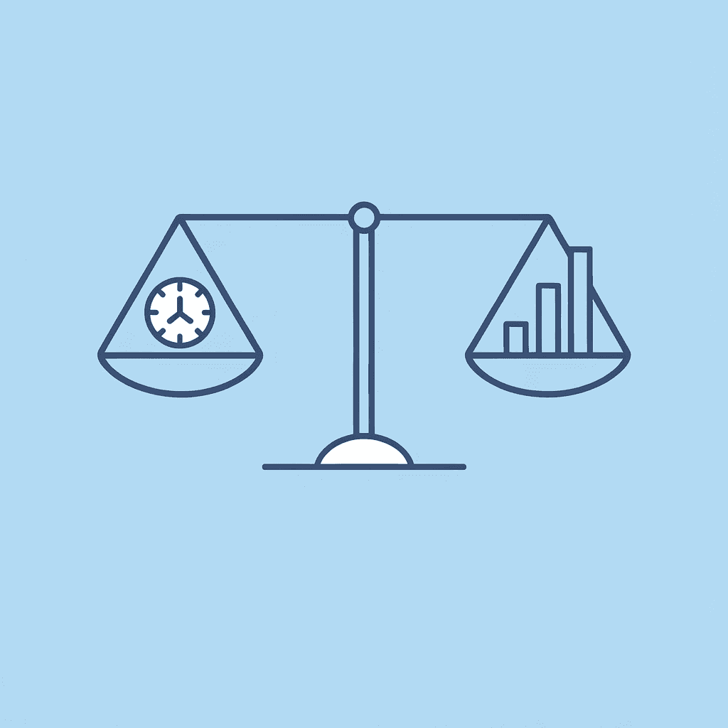 Balance scale showing manual data extraction on one side, weighing against strategic business decisions on the other