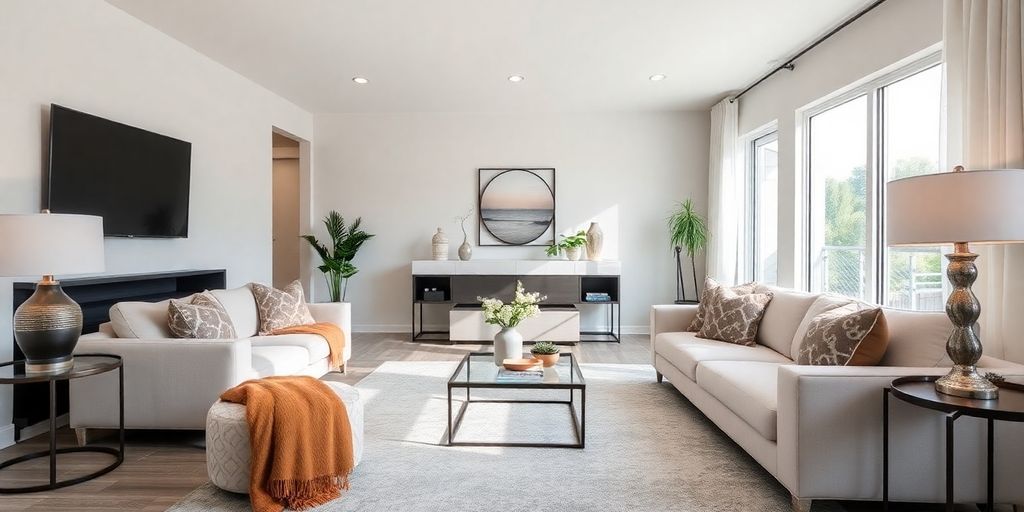 Staged living room with modern furniture and elegant decor.