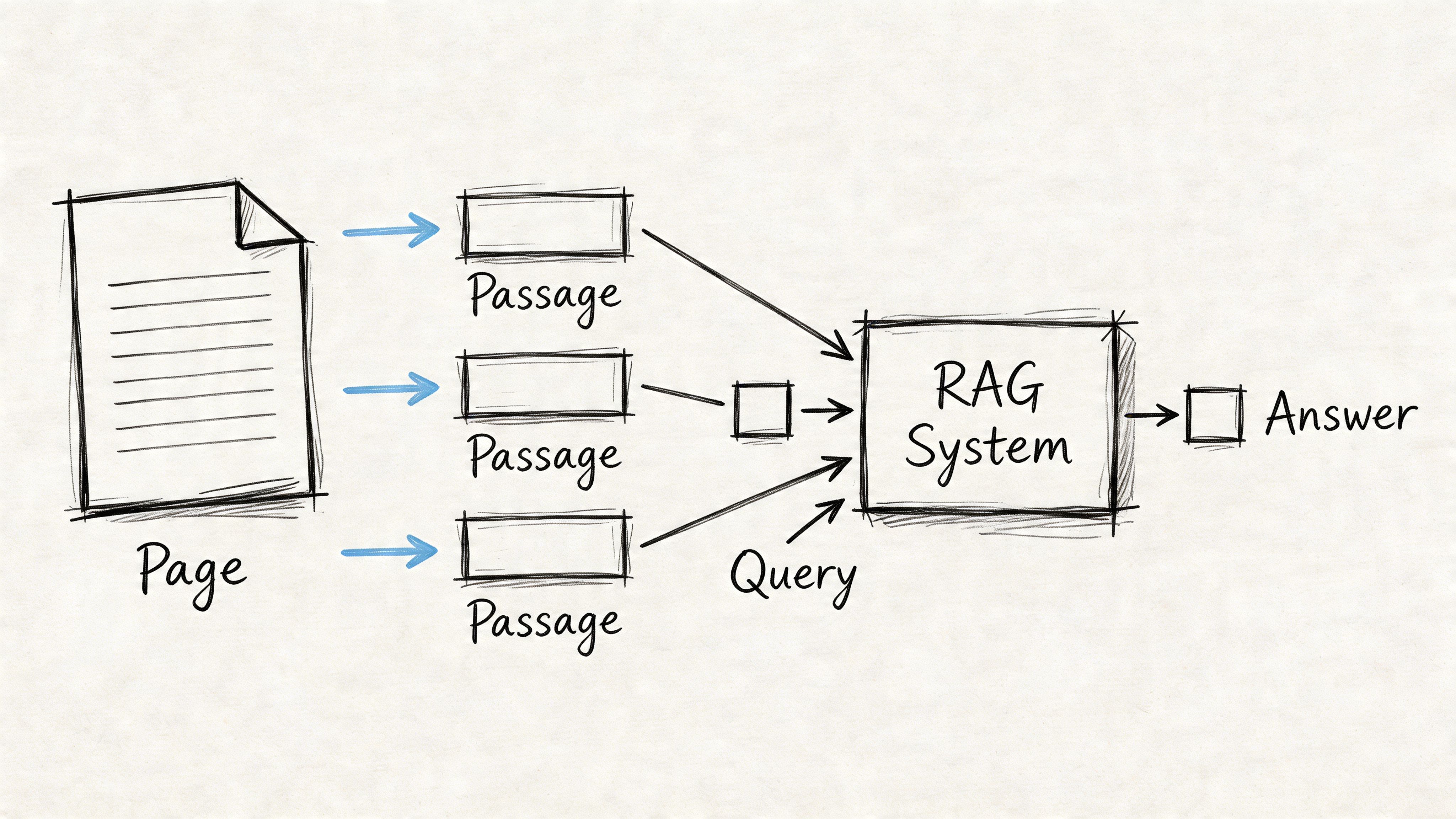 A hand-drawn diagram illustrating the RAG system process, showing a page converted into passages feeding an AI system.
