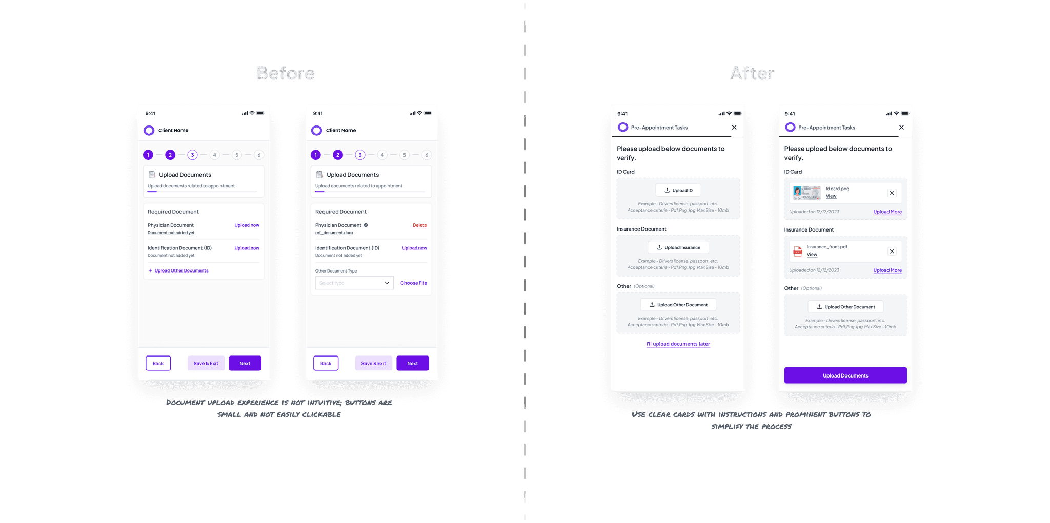 before and after ui screens of the document upload section with annotation of design thinking.