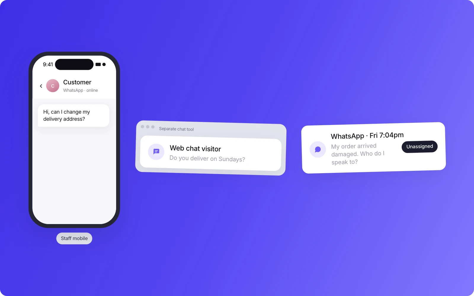 Customer conversations scattered across a staff mobile, a separate chat tool and an unassigned WhatsApp message