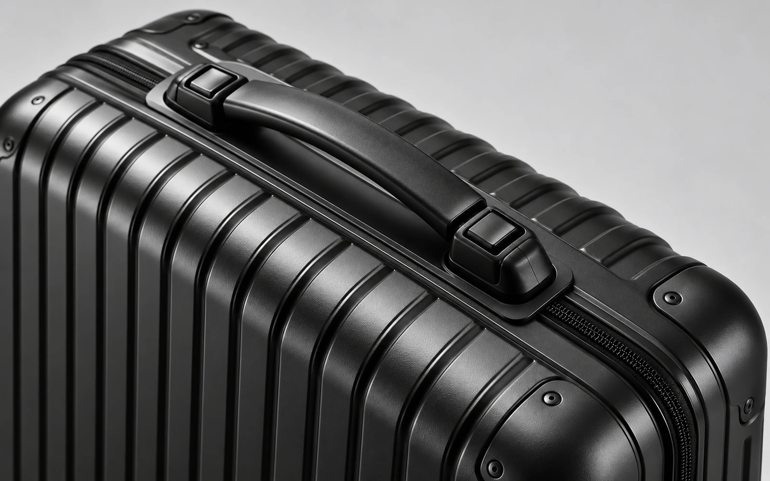 Black ribbed suitcase seen from above on a pale grey background