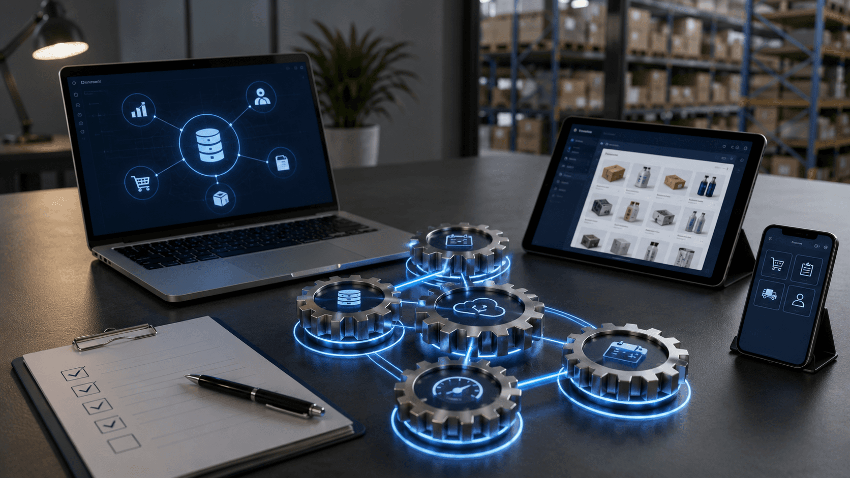 Uma cena 3D realista em formato panorâmico 16:9 mostrando uma mesa corporativa moderna em primeiro plano com notebook, tablet e smartphone conectados digitalmente por elementos visuais de integração. Sobre a mesa, engrenagens metálicas interligadas com iluminação tecnológica representam automação e sincronização de processos. As telas exibem interfaces de gestão comercial, catálogo digital e fluxo de pedidos. Ao fundo, um centro de distribuição organizado com estantes, caixas e ambiente logístico moderno reforça o contexto B2B. A composição transmite integração com ERP, autonomia de compra do cliente e rapidez operacional, com iluminação profissional, materiais realistas e visual limpo, sem pessoas e sem textos visíveis.