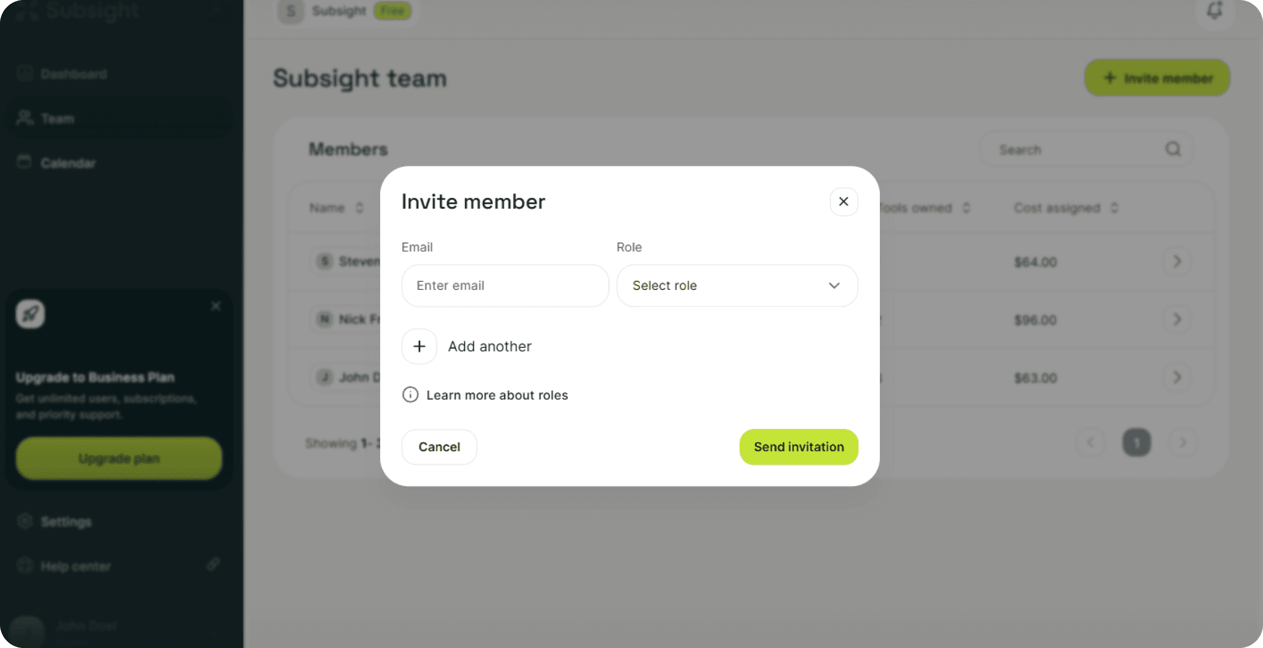 Subsight invite member modal with email input, role selection, and bulk invite option.