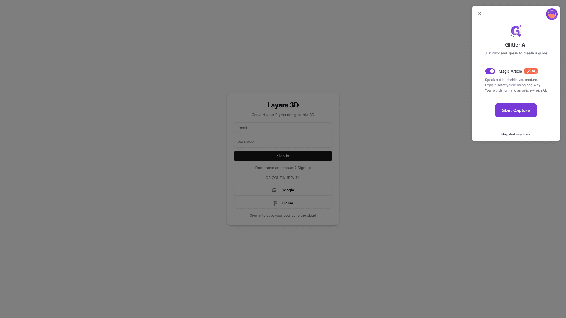 Glitter AI Chrome extension capture popup with Magic Article toggle