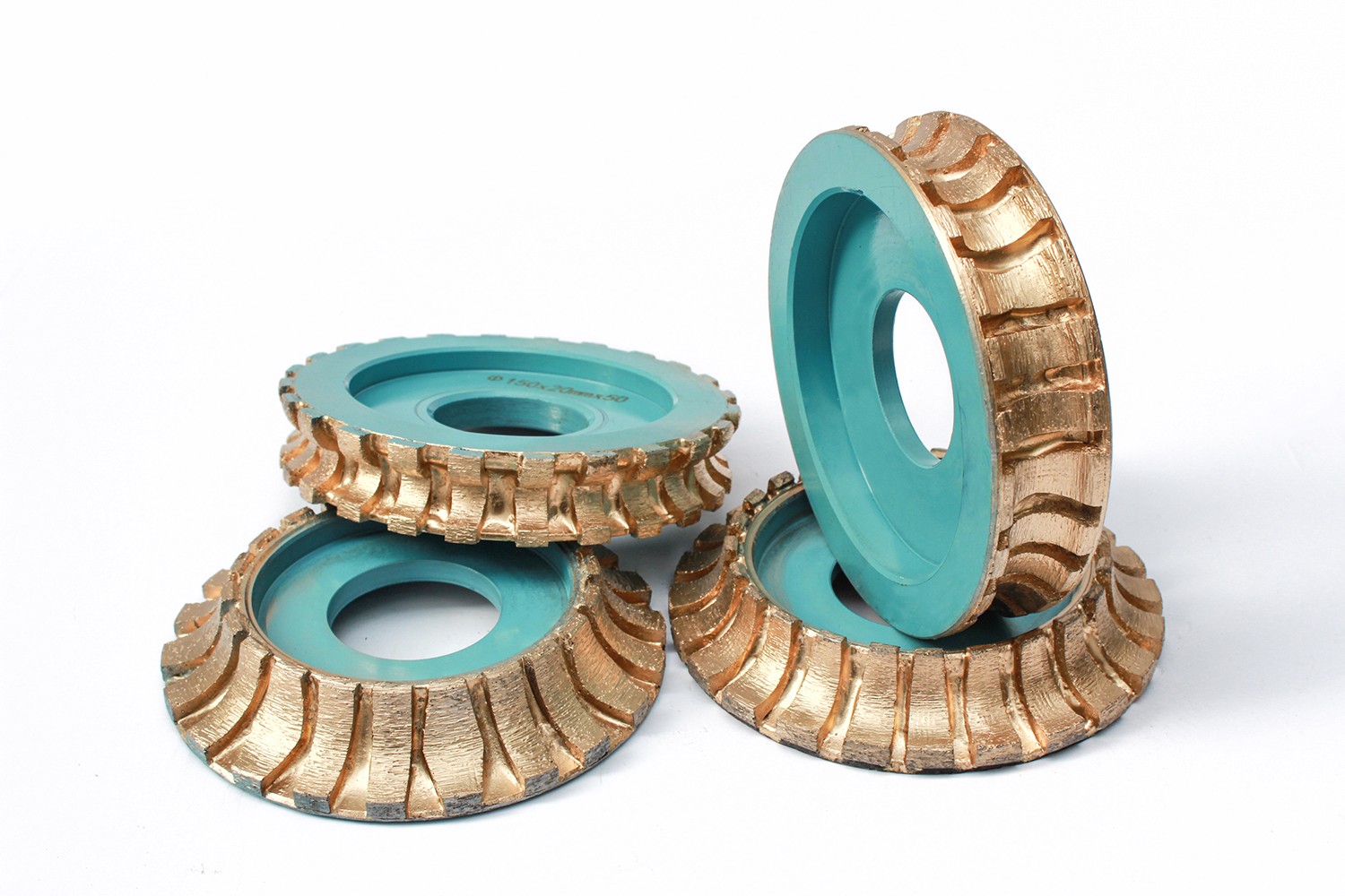 Set of gold and turquoise Diamond Profiling Wheels, arranged to showcase the unique design and color combination.