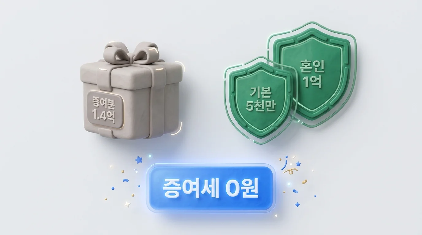 증여분 1.4억이 기본공제 5천만과 혼인공제 1억으로 전부 덮여 증여세 0원이 되는 도해