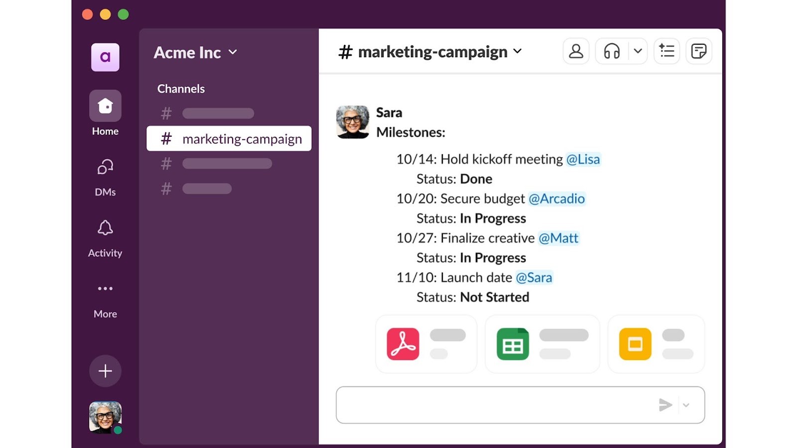 Slack’s channels’ project management and file sharing interface
