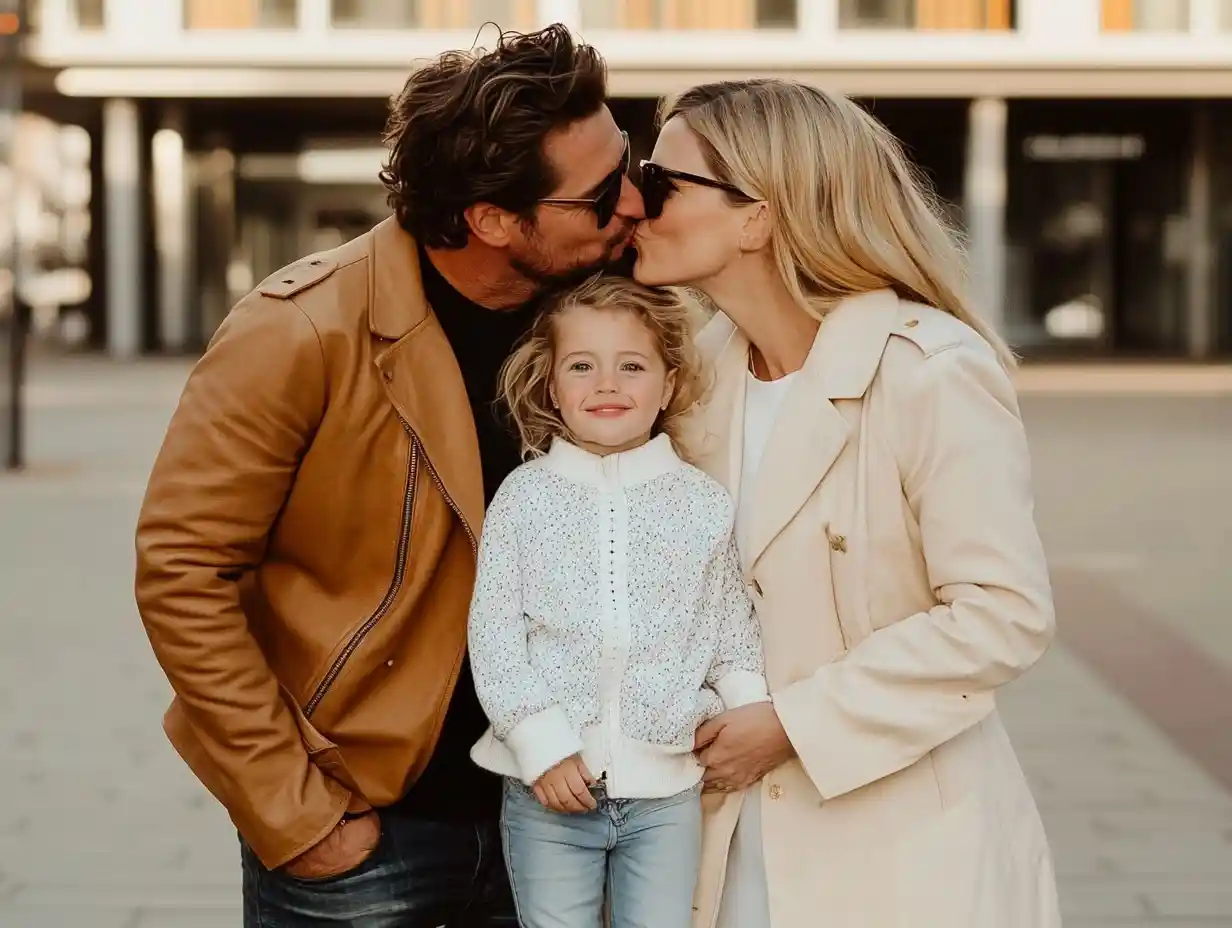 A happy family with parents sharing a kiss while their smiling child stands between them, representing love, care, and trust.