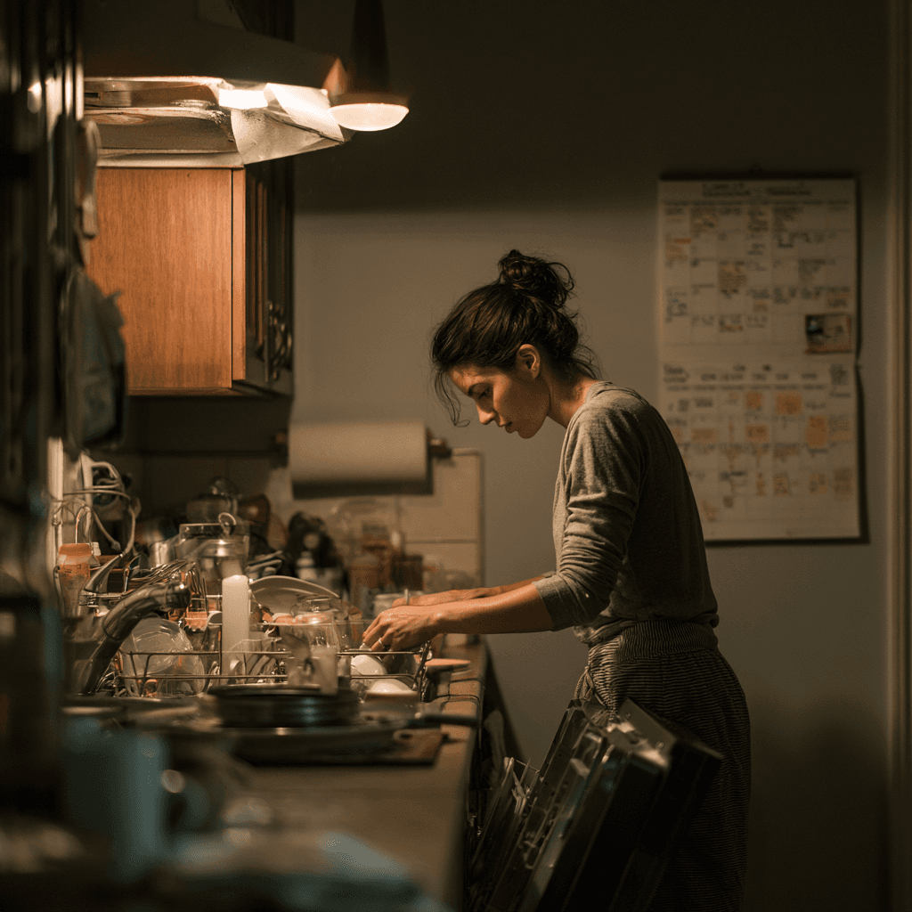 A woman loading the dishwasher late at night in a kitchen with a family calendar nearby