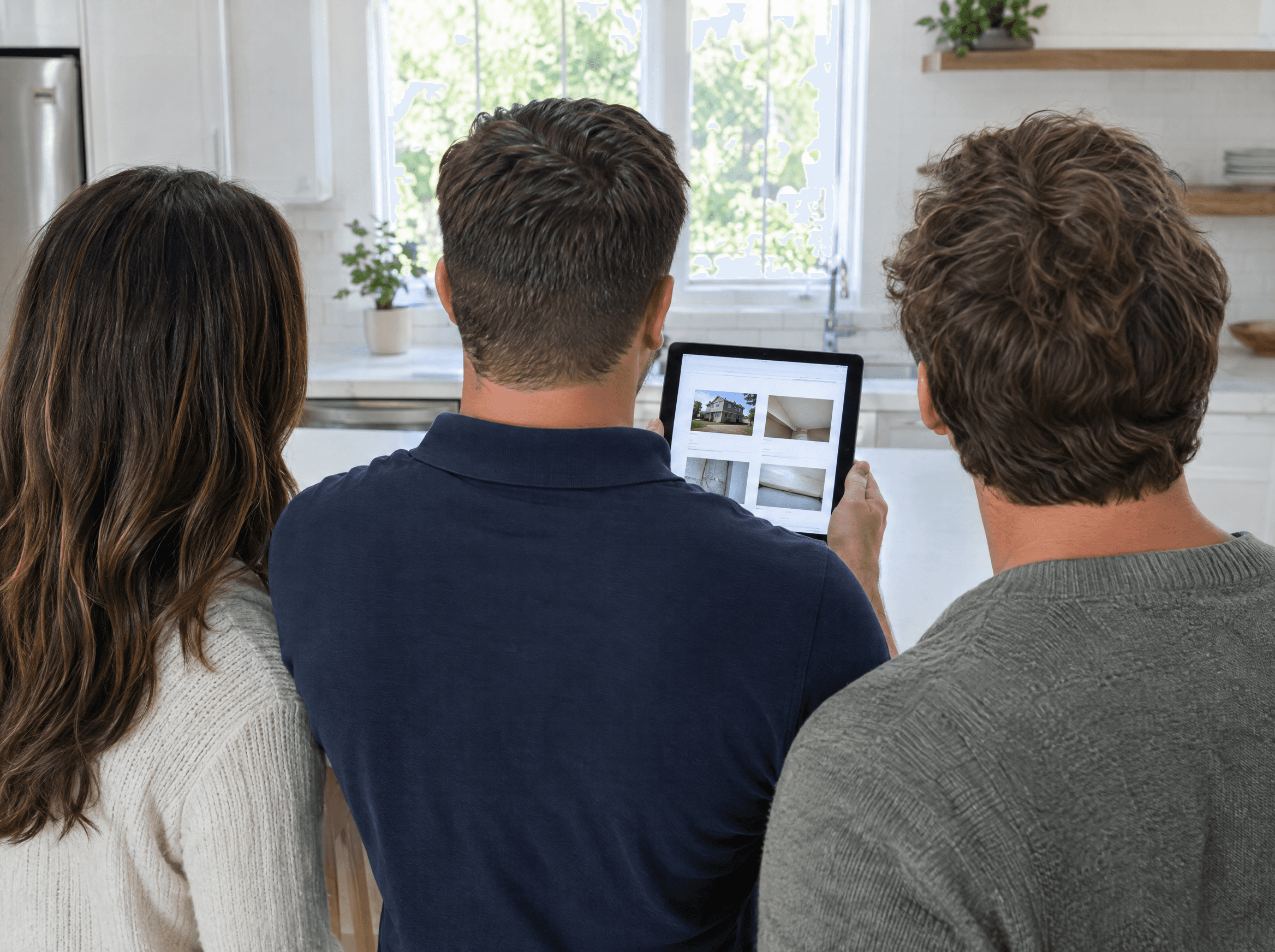 Inspector showing buyers their report on a tablet in the kitchen