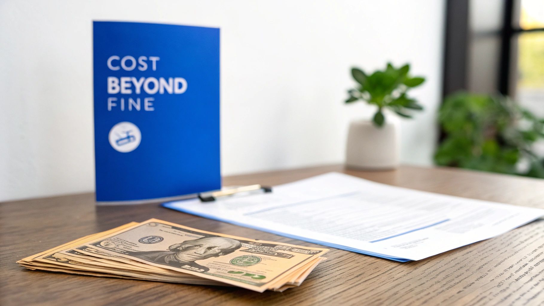 Stack of US dollar bills, legal documents, and a 'COST BEYOND FINE' brochure on a desk.