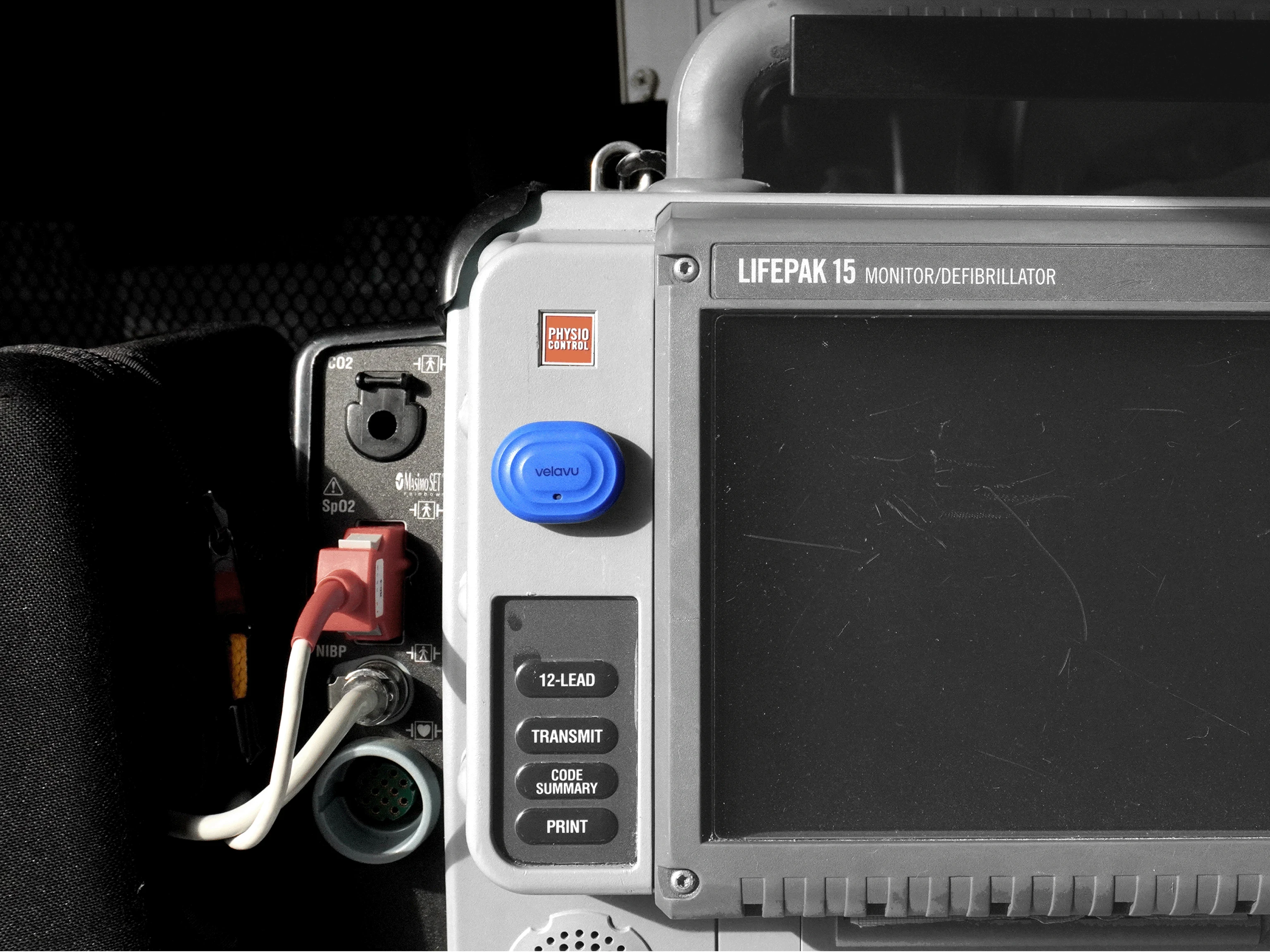 Velavu Arda device installed on a defibrilator