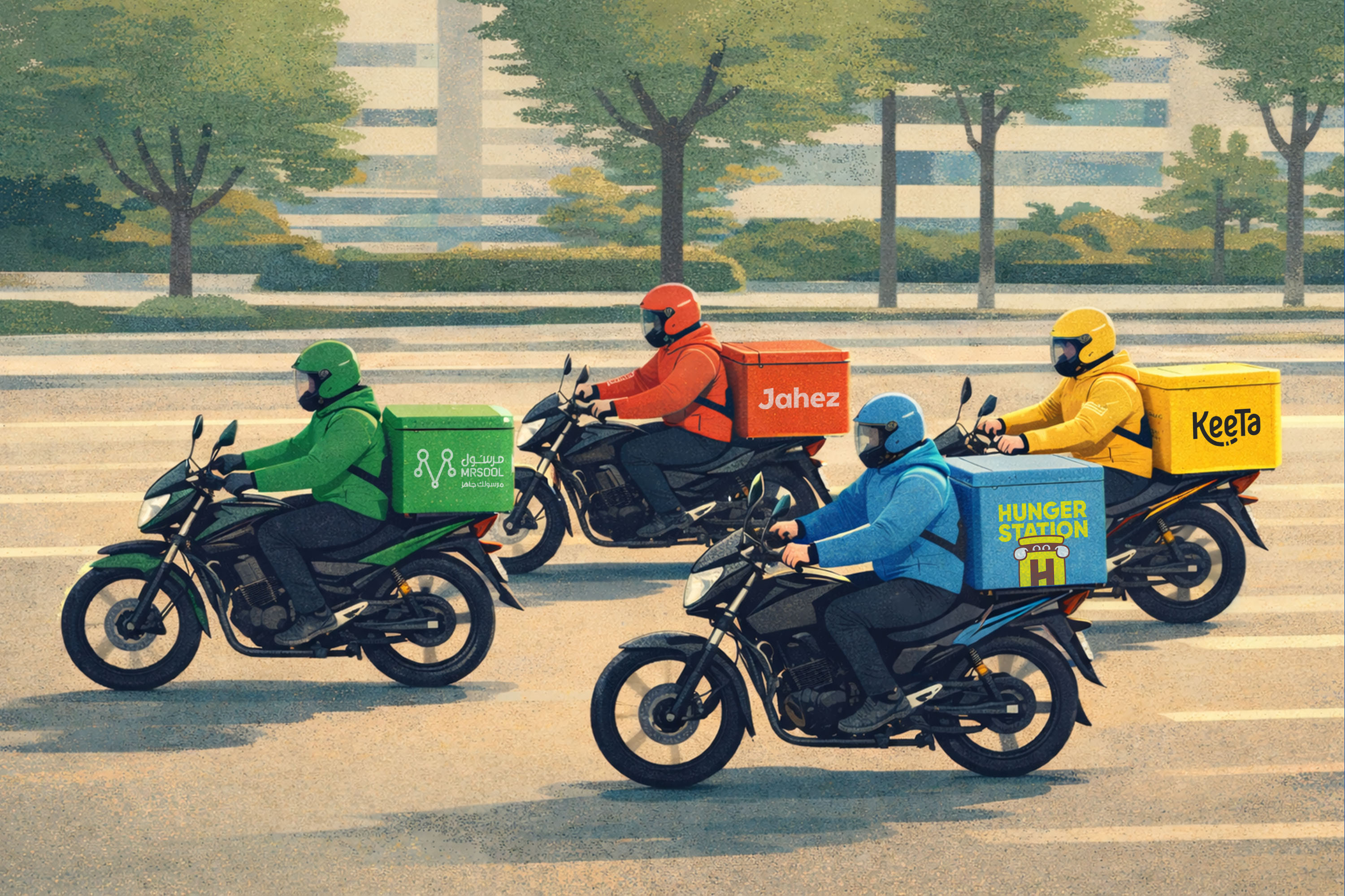 Food delivery riders from multiple platforms operating in a city, representing competition across delivery services