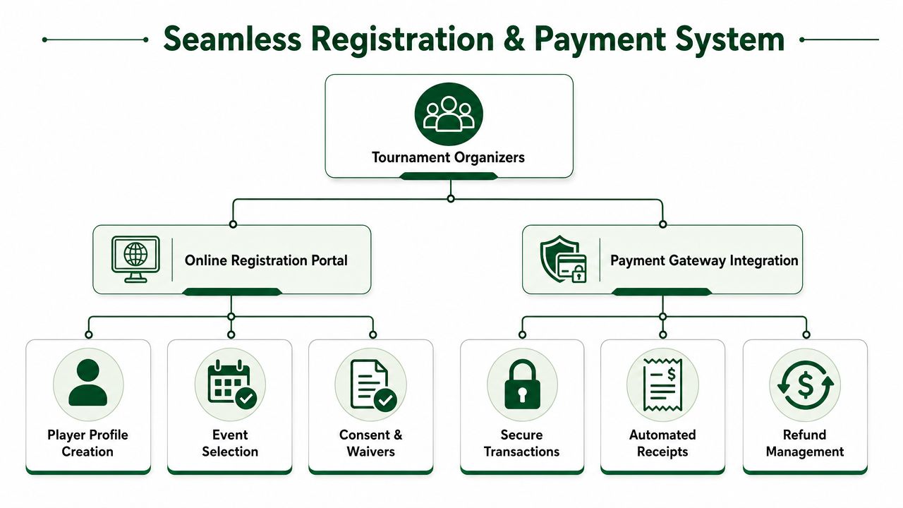 A flowchart showing the Seamless Registration & Payment System for tournament organizers including online portals and secure transactions.