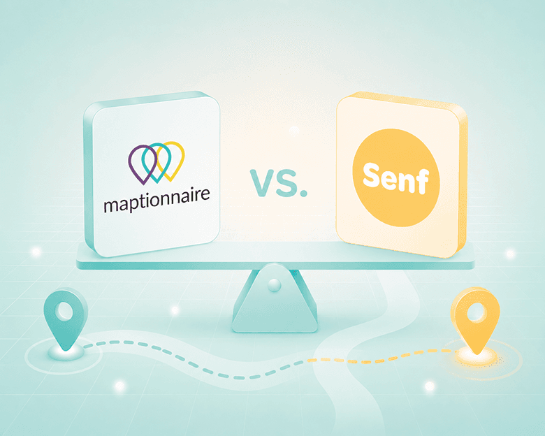 Comparison scale graphic showing Maptionnaire vs. Senf as competing community engagement platforms for urban planners