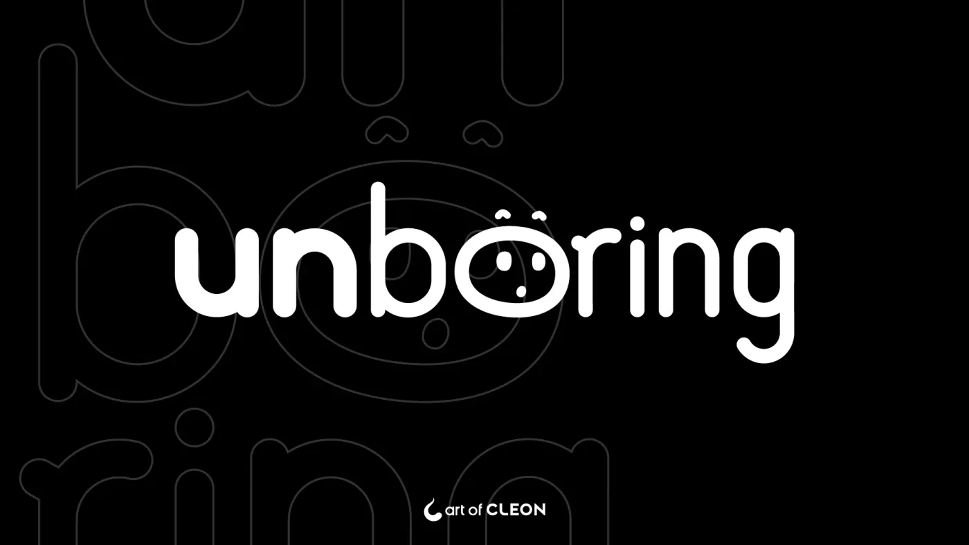The white Unboring wordmark centered on black, layered over cropped charcoal outlines of its letters and the surprised-face “o”.