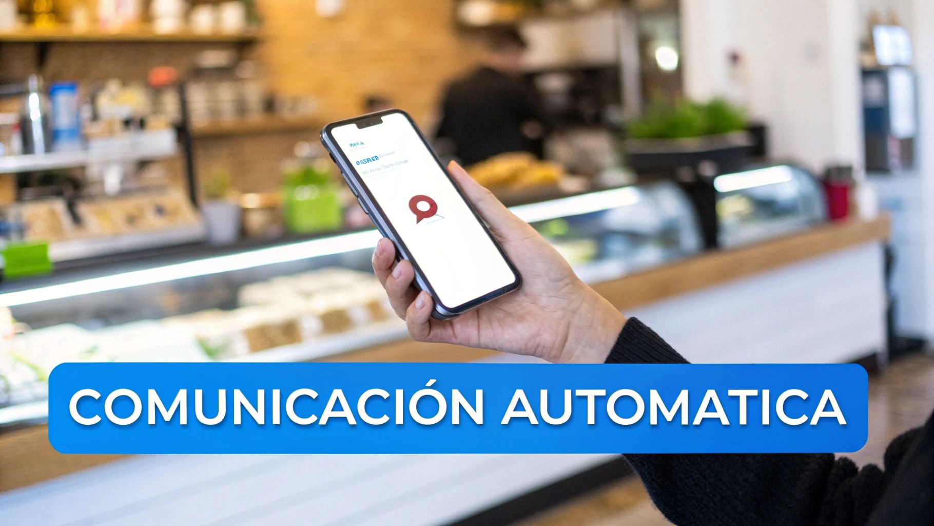 Mano sosteniendo un smartphone con una aplicación abierta en un entorno comercial, destacando 'Comunicación Automática'.