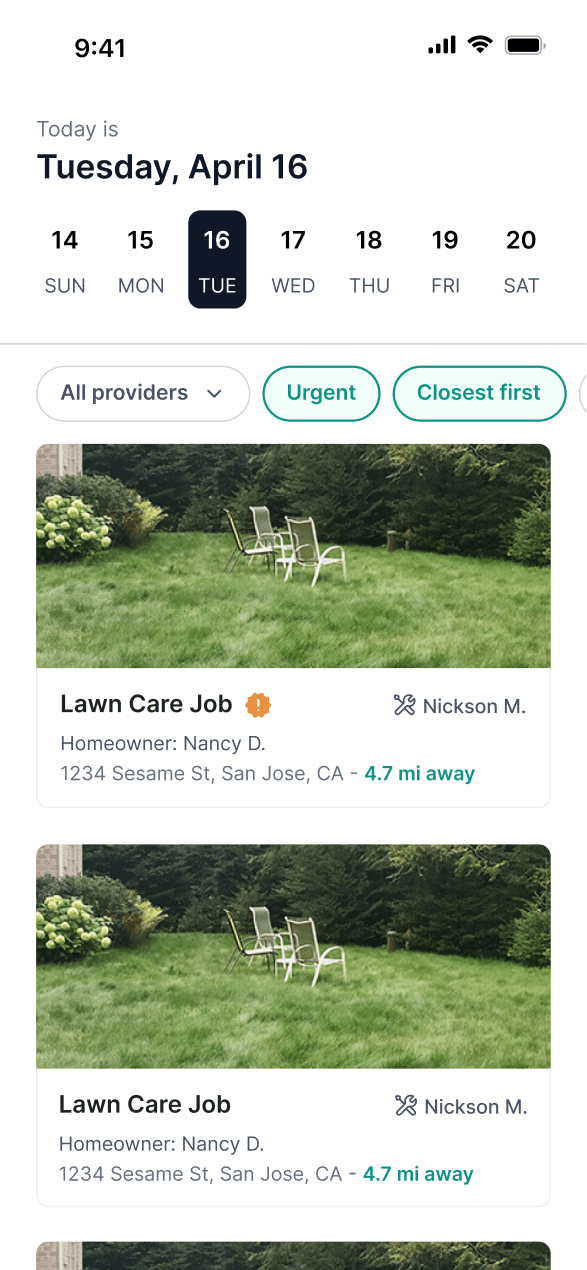 A calendar interface highlights a selected day with filters for urgency and proximity, showing lawn care jobs with homeowner details and distances for future planning.
