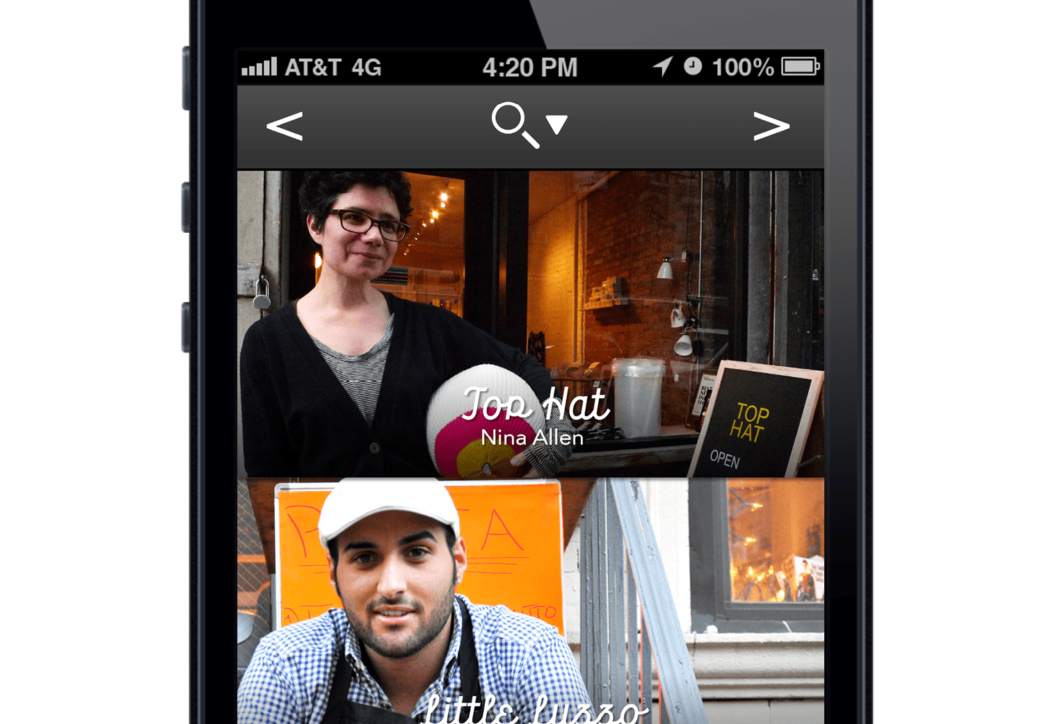The image shows a smartphone screen displaying a photo search interface. At the top, a search bar shows a magnifying glass icon and a downward arrow. Below, there are two photos: one of a person with short dark hair and glasses wearing a dark cardigan over a gray shirt, and another of a person wearing a white cap and a blue and white checked shirt with an apron over it. The photo search interface also includes standard iPhone navigation buttons: a back arrow, a left arrow, a right arrow, and a forward arrow. The phone's status bar indicates the carrier as AT&T 4G, the time as 4:20 PM, and the battery level at 100%.