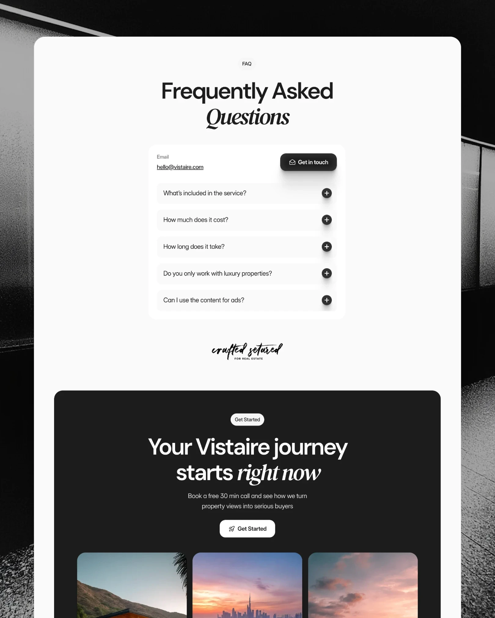 Vistaire FAQ and get-started call-to-action section, dark editorial layout — web design by Luna UI design studio