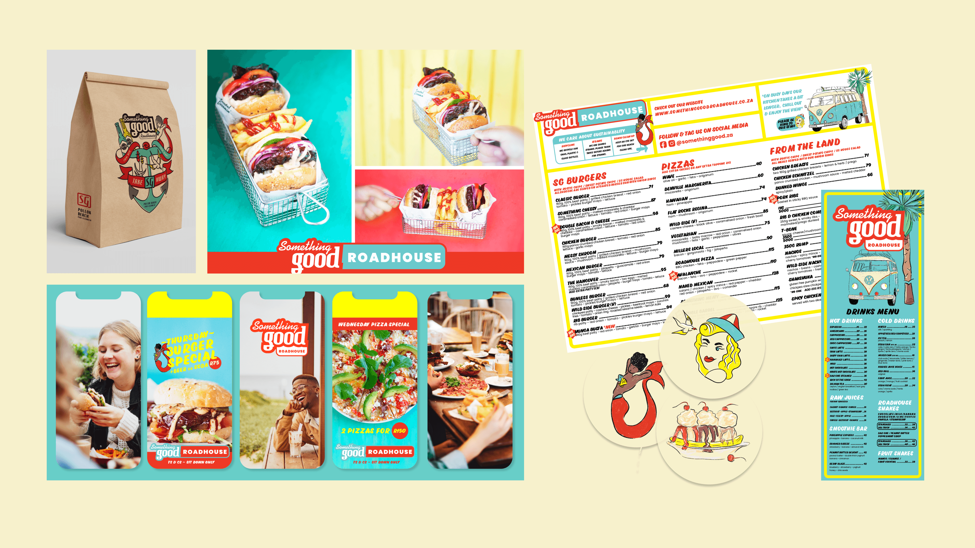 Something Good Roadhouse restaurant branding assets including a branded brown paper takeout bag, burger basket food photography, a detailed printed menu sheet, illustrated circular coasters, a retro VW bus drinks menu, and five mobile app screen layouts featuring weekly food specials.