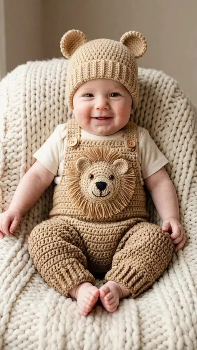 Smiling baby in a brown bear outfit on a cream chair
