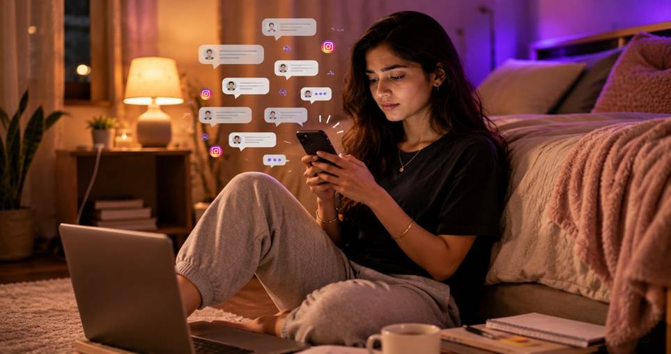 Woman manually replying to many Instagram DMs late at night