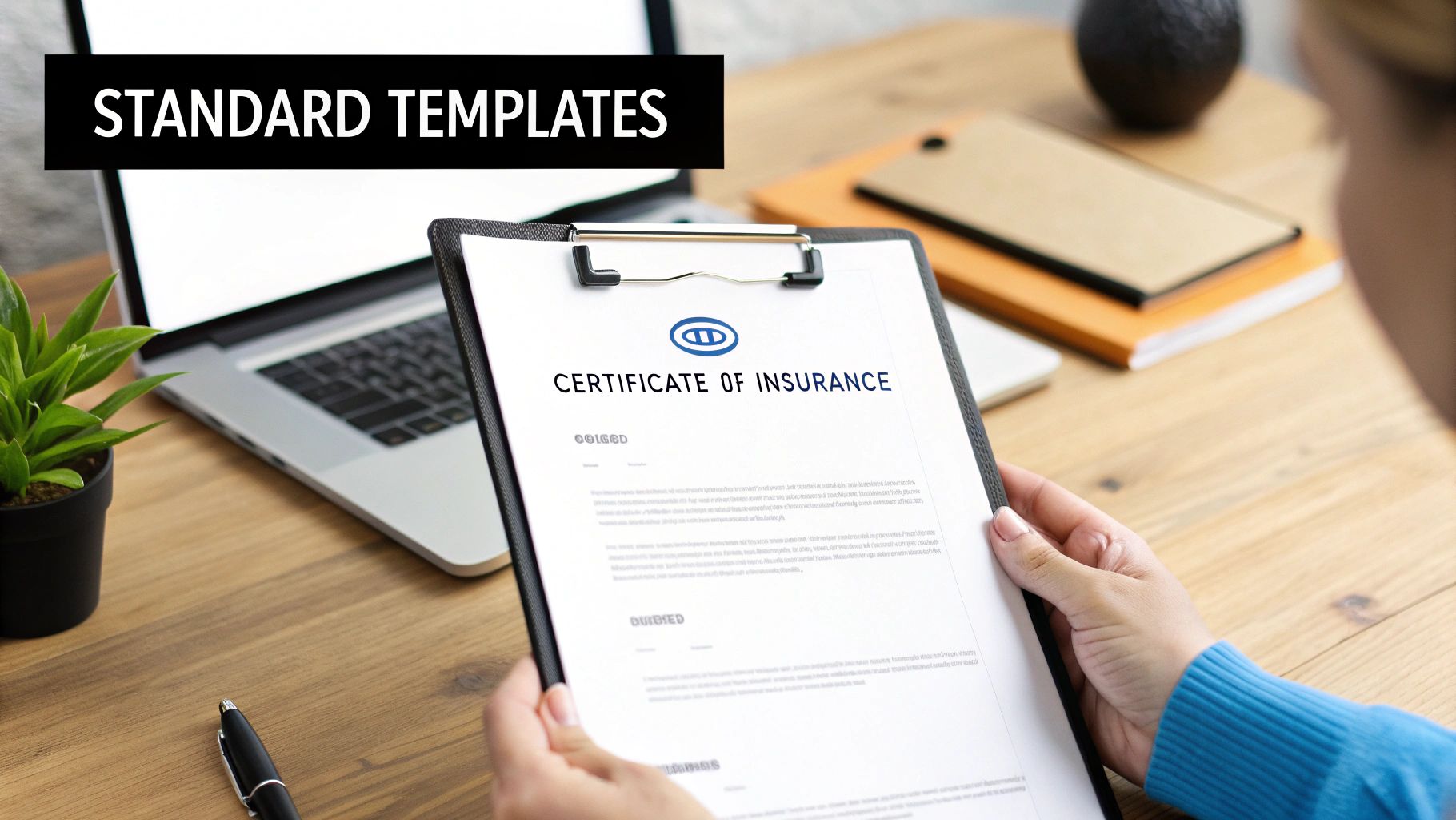 A person holds a 'Certificate of Insurance' document on a clipboard at a desk with a laptop and plant.