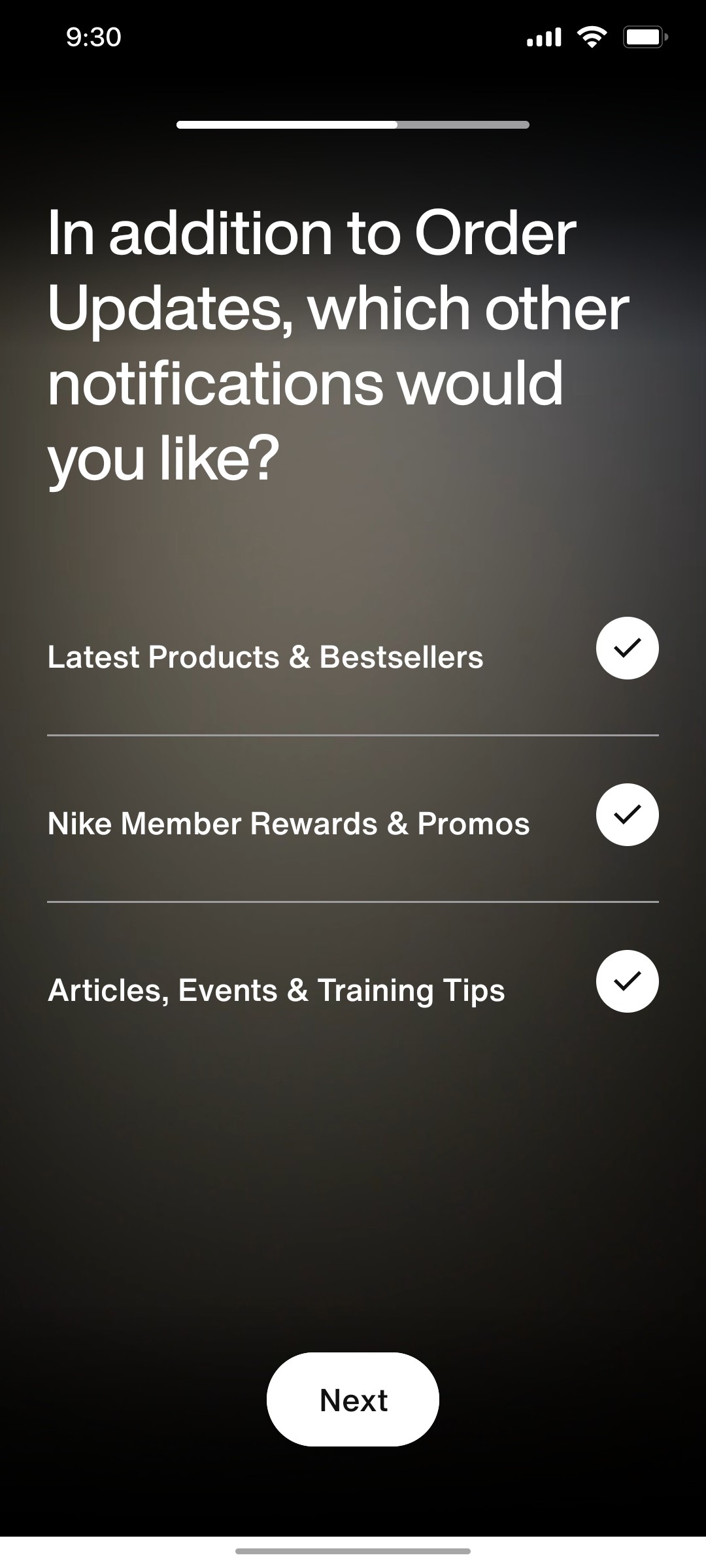 Nike App  Addition Screen