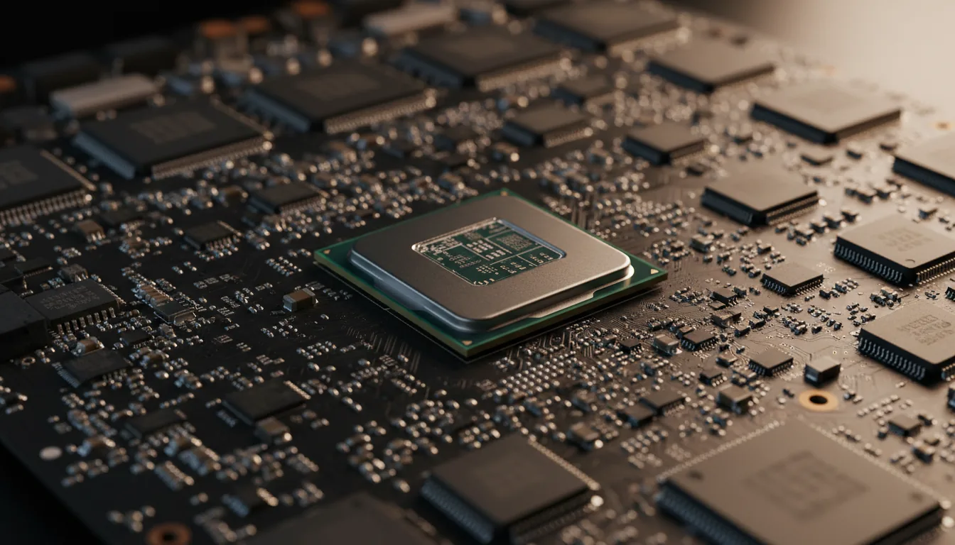 Macro DSLR photograph of a modern laptop motherboard from an angled perspective, focusing on a central green CPU. The matte black circuit board is detailed with intricate traces, microchips, and surface-mount components. Harsh, warm-toned studio lighting creates high cinematic contrast, highlighting the metallic solder points and casting deep shadows. The central processor is in sharp focus, while the surrounding components fall into a soft bokeh background due to a shallow depth of field.