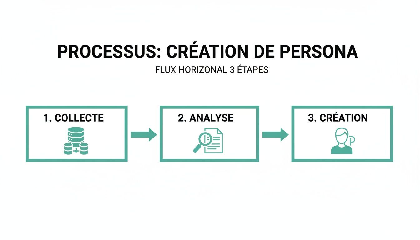 Infographie illustrant le processus de création de persona en 3 étapes: collecte, analyse et création.
