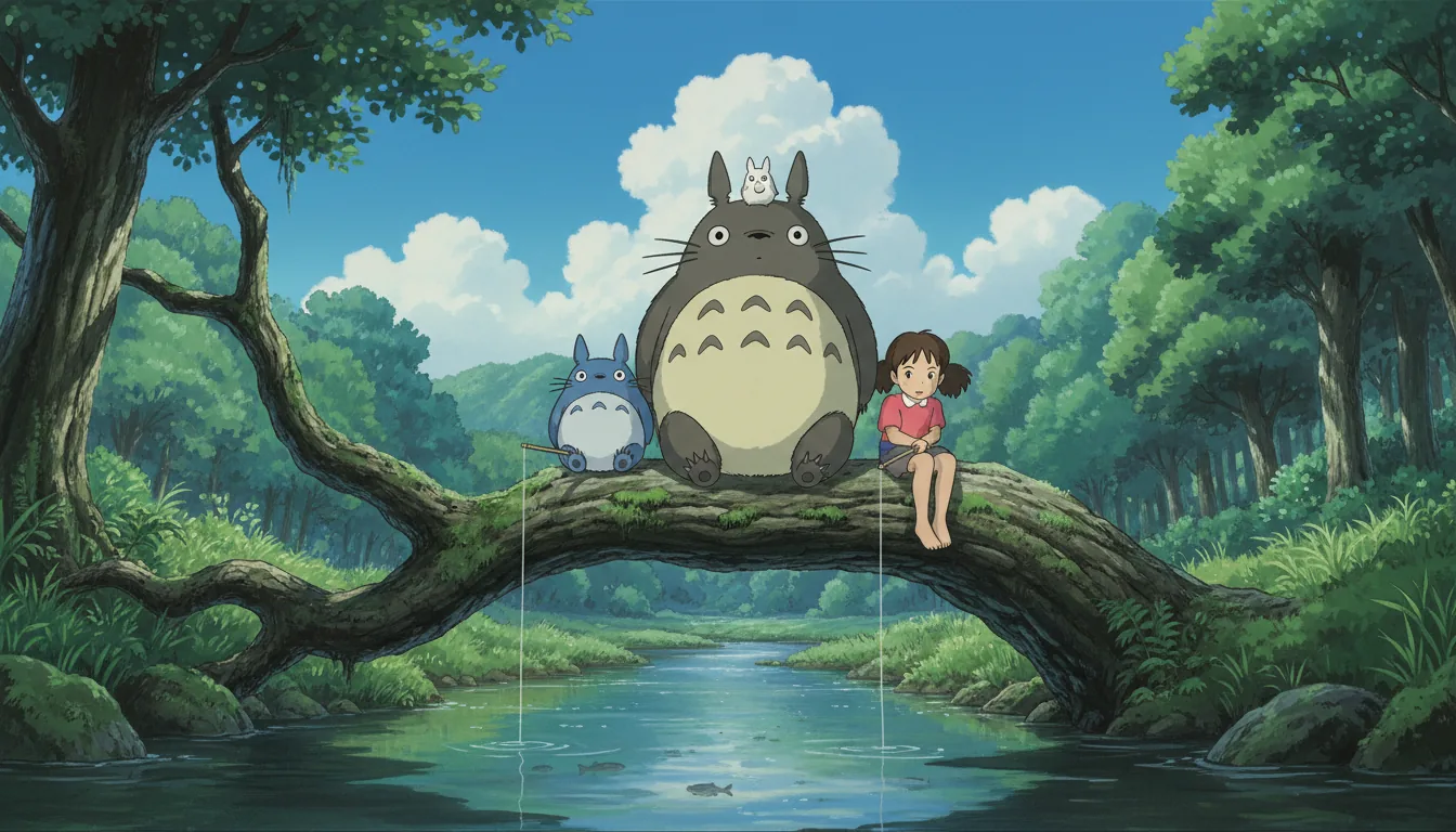 A wide shot in the distinct hand-drawn cel animation style of Hayao Miyazaki's *My Neighbor Totoro*. The large grey Totoro, a medium blue Totoro, and the two young girls Satsuki and Mei are sitting together on a thick, mossy tree branch overhanging a calm river. They are fishing on a bright, sunny day. A tiny white Totoro sits on the large Totoro's head. The background is a lush green landscape with a vibrant blue sky filled with signature fluffy, white Studio Ghibli clouds. The overall mood is peaceful and idyllic.