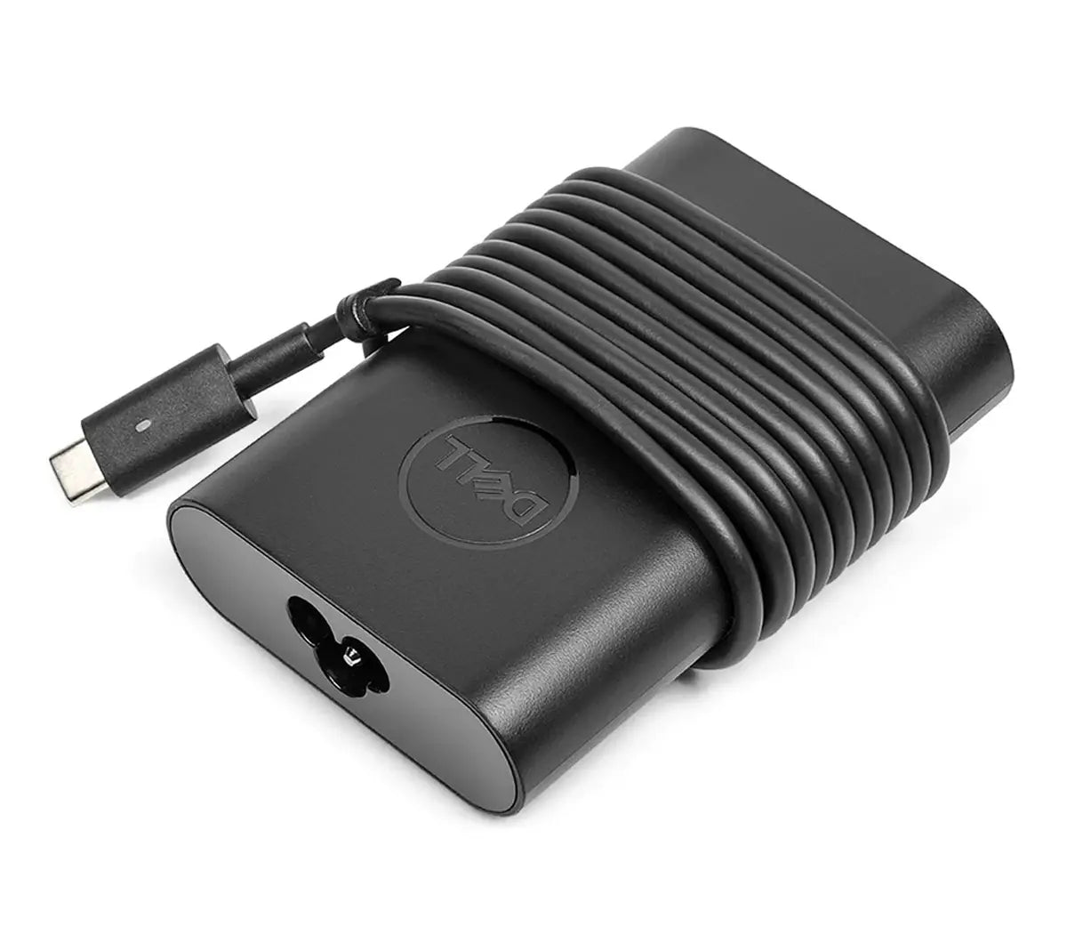 Cargador Dell USB-C para laptop con cable integrado y adaptador de corriente negro compacto