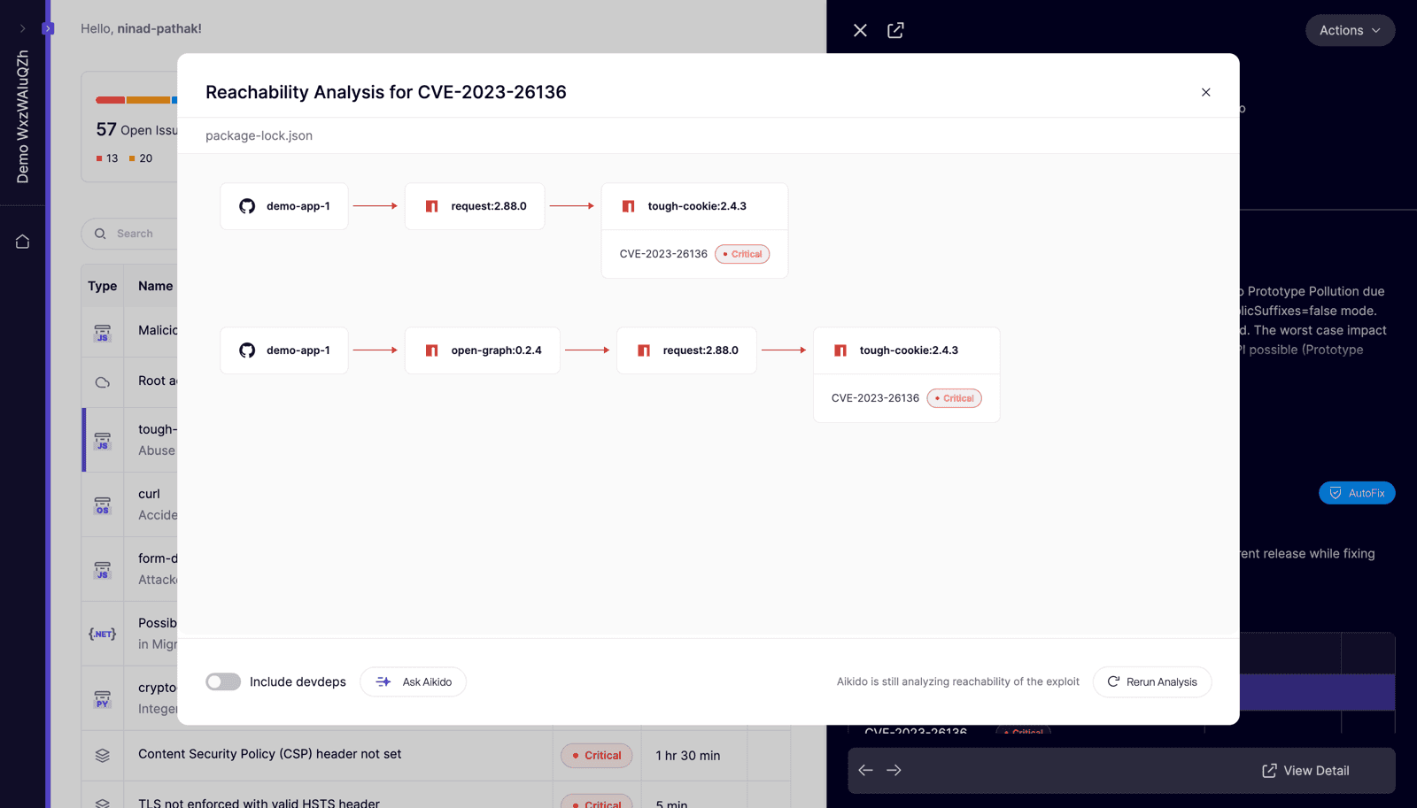 Aikido reachability analysis graphing the dependency path from demo-app-1 through request 2.88.0 to the vulnerable tough-cookie 2.4.3