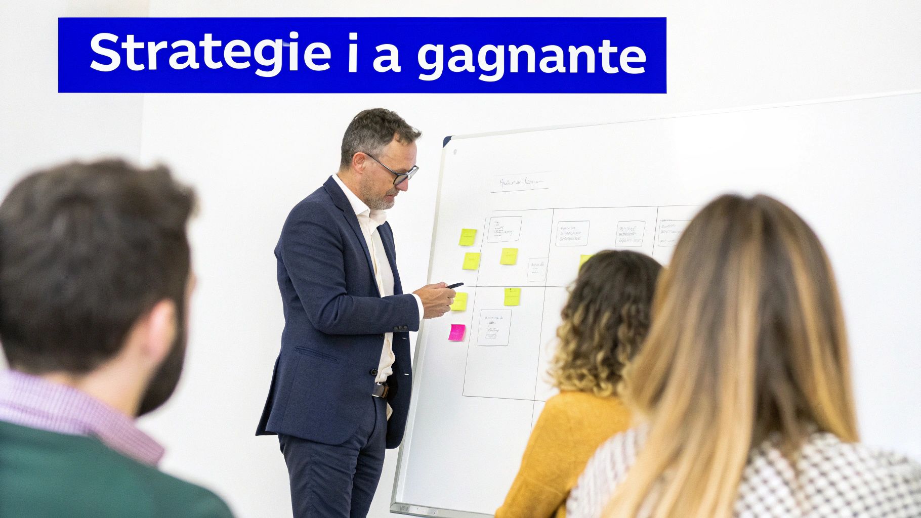 Un homme présente une stratégie IA gagnante à un groupe, utilisant un tableau blanc et des post-it.