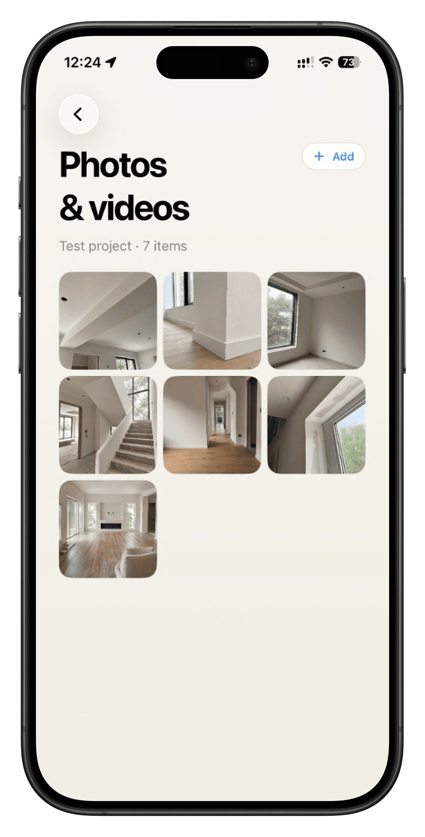 Photos and videos gallery in the Scanbrix app, pinned to a project