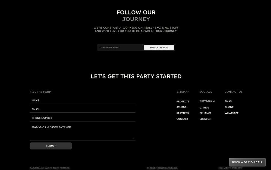 Version one page ending with a newsletter subscribe unit and a contact form asking visitors to tell us a bit about company.